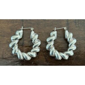 Vintage Airess Puffy Rope Twist Sterling Silver Hoop Pierced Earrings